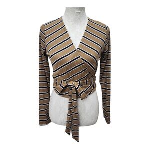 NWT Final Touch Ribbed Knit Tie Front Top M Tan Black White Stripes USA Made‎